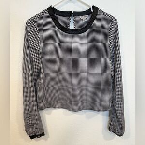 Guess Vintage Chiffon Cropped Checkered Long Sleeve Blouse Faux Leather, Size S